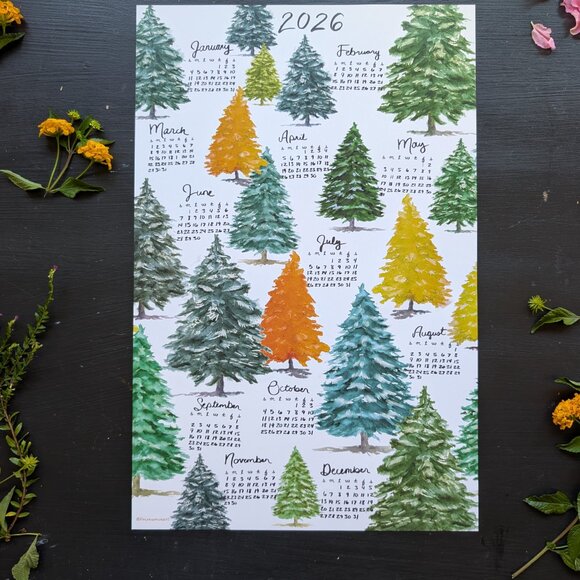 Forest Watercolor Calendar 2026: Retro Pine Tree Art Print 17.5x10.5 - Picture 6 of 6
